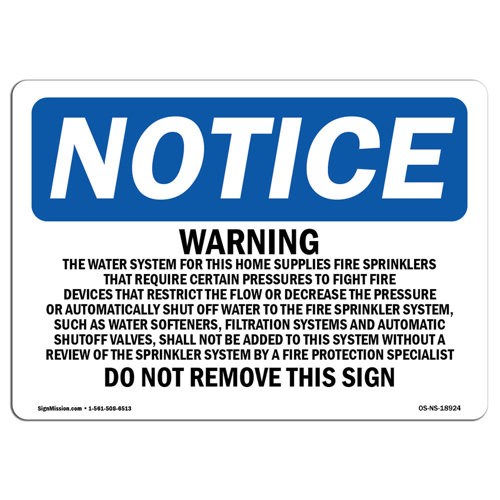 SignMission Osha Notice Warning the Water System for This Home Supplies